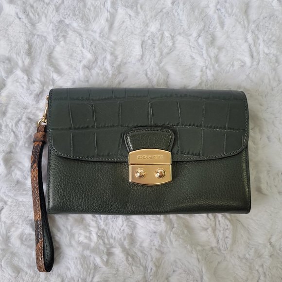 COACH Ivy Green Crocodile Embossed Leather Envelope Flap Wallet Convertible - Picture 4 of 13